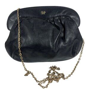 Vintage NINA RICCI Black Leather Ruched Clutch Handbag Gold-Tone Chain Strap